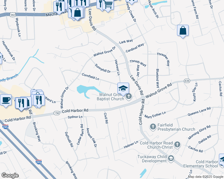 map of restaurants, bars, coffee shops, grocery stores, and more near 7250 Drewce Court in Mechanicsville
