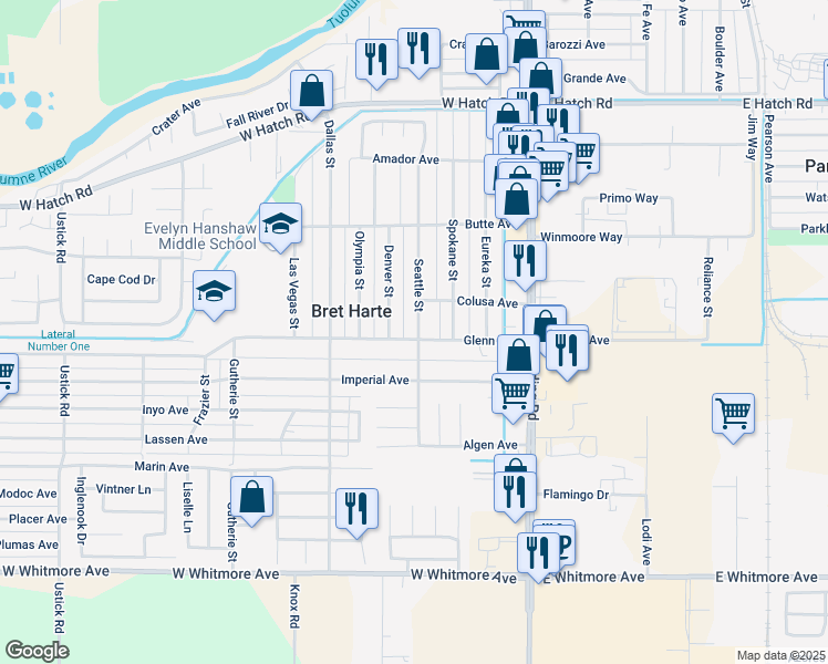 map of restaurants, bars, coffee shops, grocery stores, and more near 320 Glenn Avenue in Modesto
