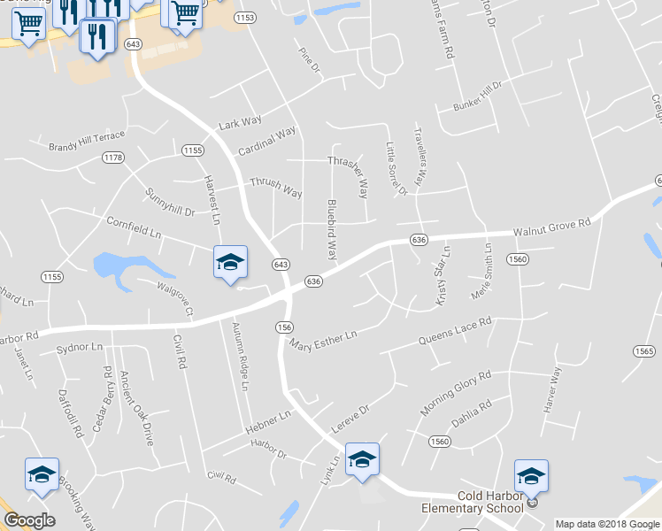 map of restaurants, bars, coffee shops, grocery stores, and more near 7251 Bluebird Way in Mechanicsville