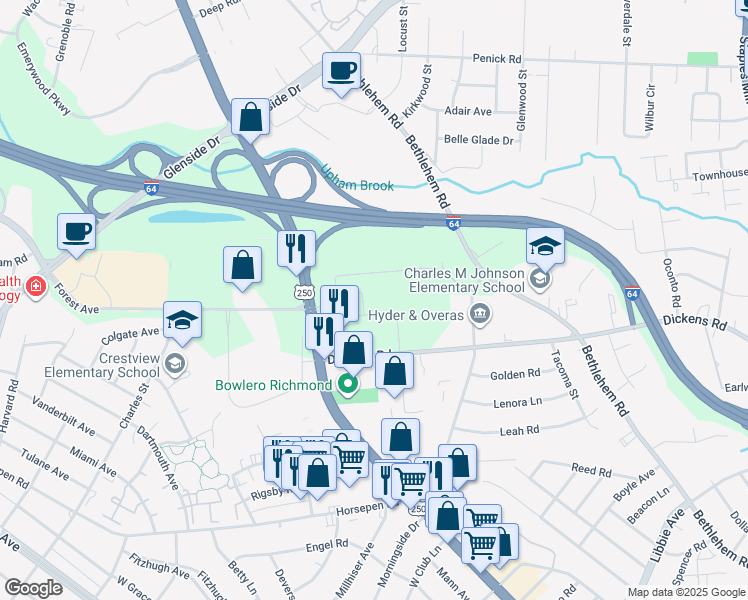 map of restaurants, bars, coffee shops, grocery stores, and more near 6620 West Broad Street in Richmond