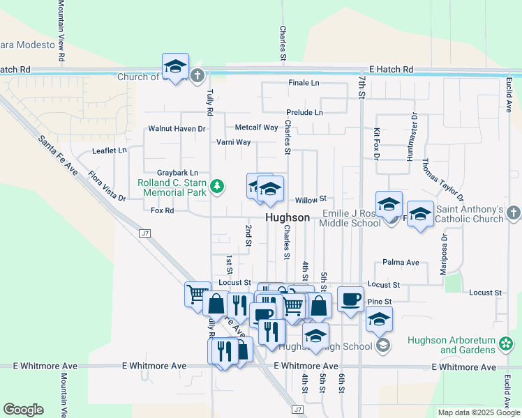 map of restaurants, bars, coffee shops, grocery stores, and more near 6937 Fox Road in Hughson