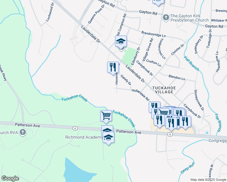 map of restaurants, bars, coffee shops, grocery stores, and more near 1618 Havenwood Drive in Richmond