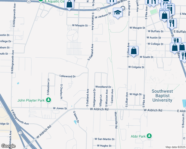 map of restaurants, bars, coffee shops, grocery stores, and more near 1325 Hedgewood Drive in Bolivar