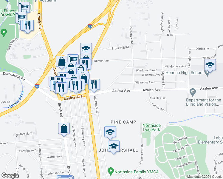 map of restaurants, bars, coffee shops, grocery stores, and more near 838 Azalea Avenue in Richmond