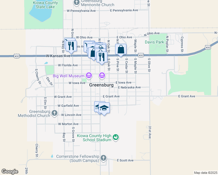 map of restaurants, bars, coffee shops, grocery stores, and more near 500 South Oak Street in Greensburg
