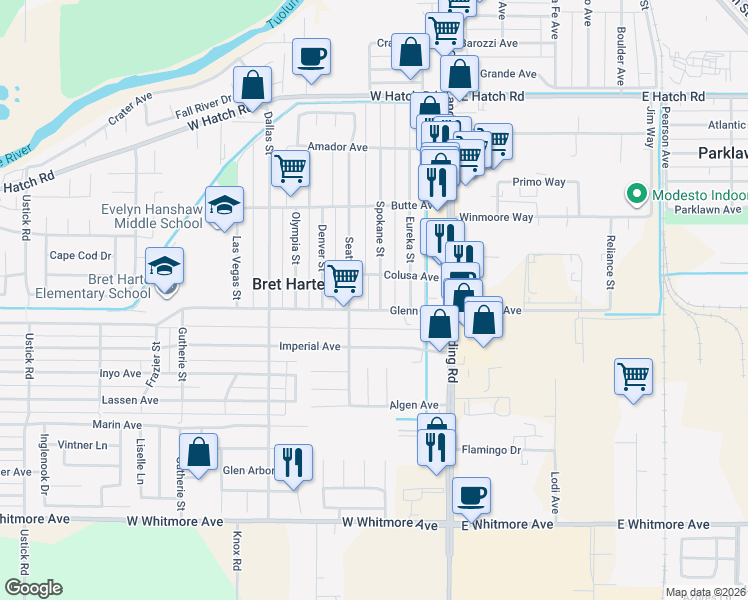 map of restaurants, bars, coffee shops, grocery stores, and more near 320 Glenn Avenue in Modesto