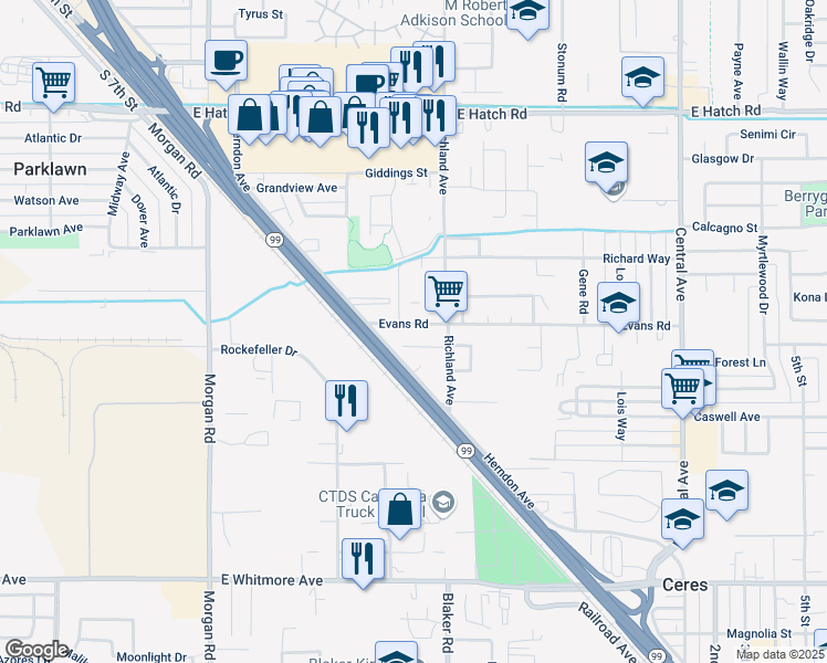 map of restaurants, bars, coffee shops, grocery stores, and more near 1842 Herndon Avenue in Modesto