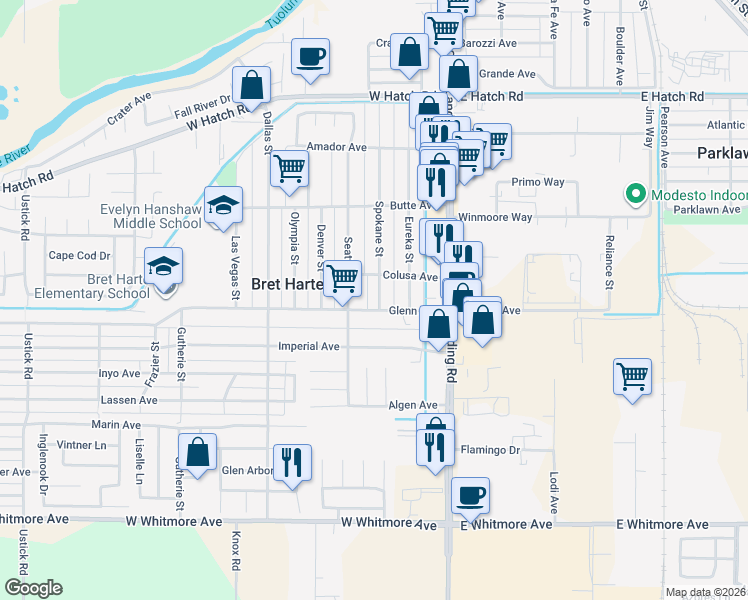 map of restaurants, bars, coffee shops, grocery stores, and more near 320 Glenn Avenue in Modesto