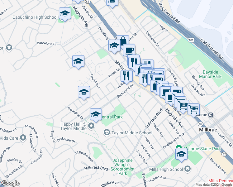 map of restaurants, bars, coffee shops, grocery stores, and more near in Millbrae