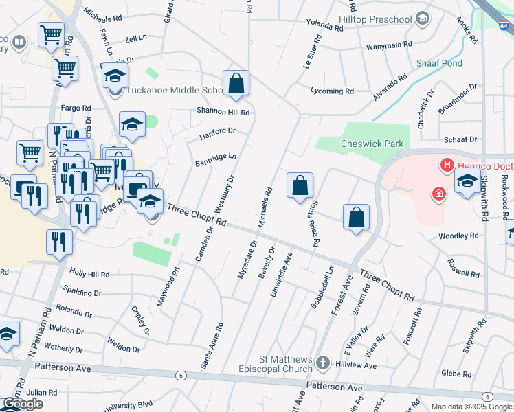 map of restaurants, bars, coffee shops, grocery stores, and more near 1508 Michaels Road in Richmond