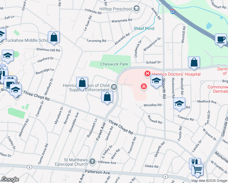 map of restaurants, bars, coffee shops, grocery stores, and more near 1610 Forest Avenue in Richmond