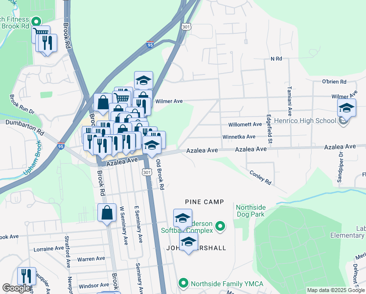 map of restaurants, bars, coffee shops, grocery stores, and more near 5103 Crenshaw Avenue in Richmond