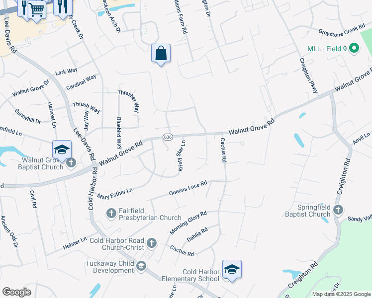 map of restaurants, bars, coffee shops, grocery stores, and more near 6305 Kennedy Court in Mechanicsville