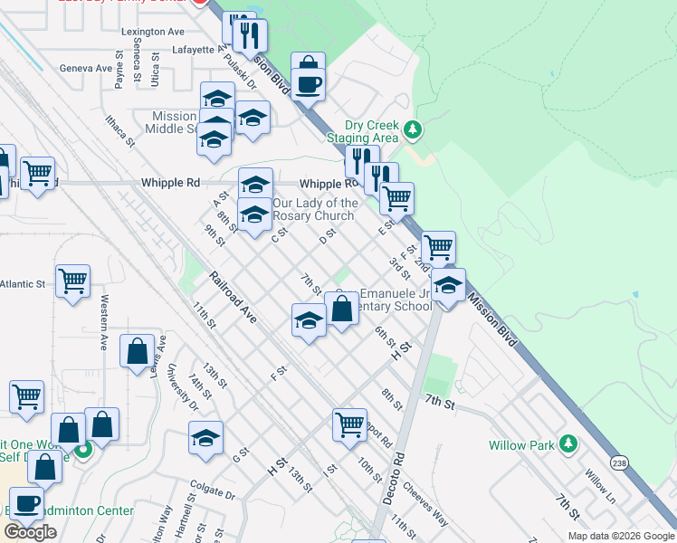 map of restaurants, bars, coffee shops, grocery stores, and more near 616 E Street in Union City
