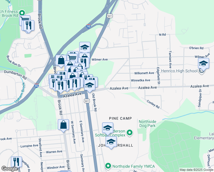 map of restaurants, bars, coffee shops, grocery stores, and more near 5103 Crenshaw Avenue in Richmond