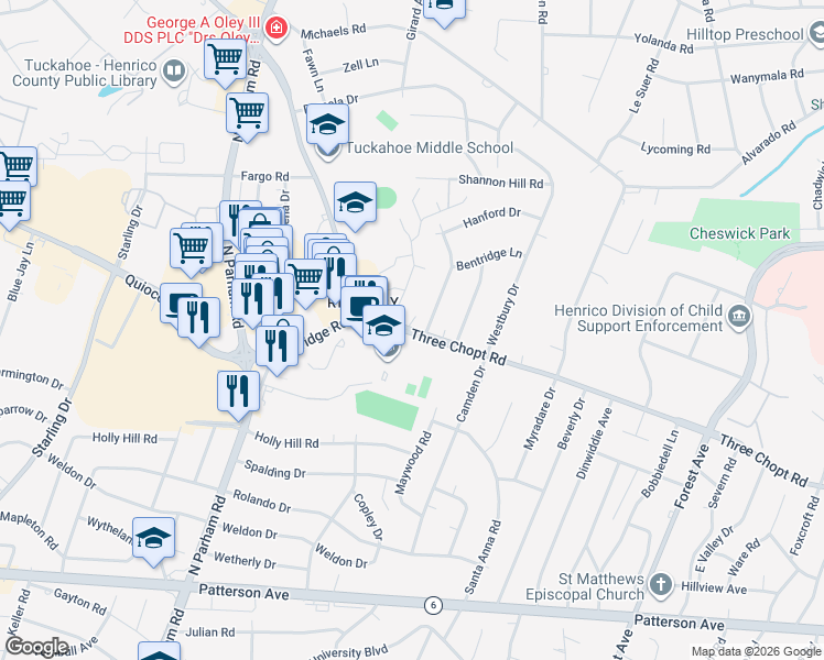 map of restaurants, bars, coffee shops, grocery stores, and more near 8750 Three Chopt Road in Henrico