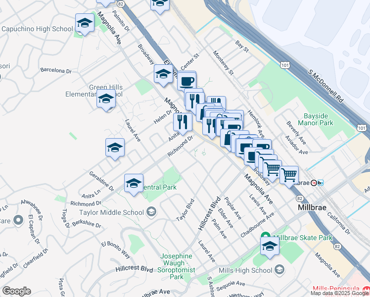 map of restaurants, bars, coffee shops, grocery stores, and more near 223 Richmond Drive in Millbrae