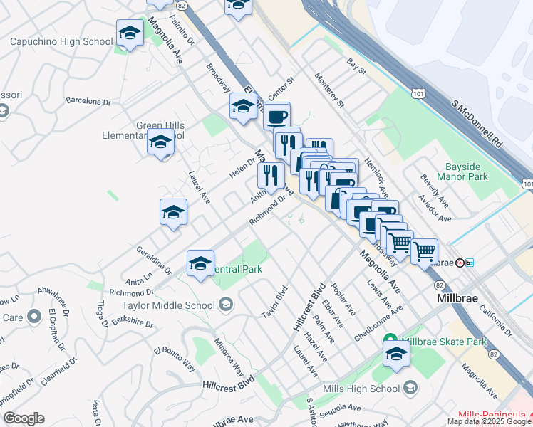 map of restaurants, bars, coffee shops, grocery stores, and more near 223 Richmond Drive in Millbrae