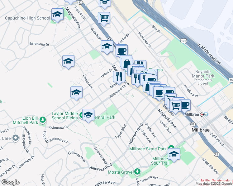 map of restaurants, bars, coffee shops, grocery stores, and more near 223 Richmond Drive in Millbrae