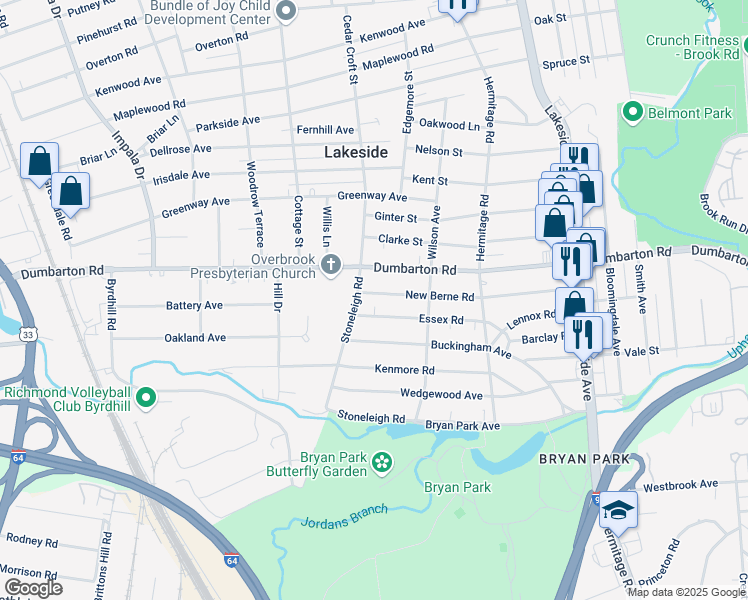 map of restaurants, bars, coffee shops, grocery stores, and more near 2423 Essex Road in Richmond
