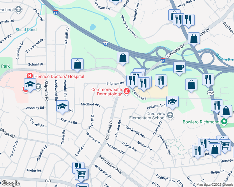 map of restaurants, bars, coffee shops, grocery stores, and more near 1608 Glenside Drive in Richmond