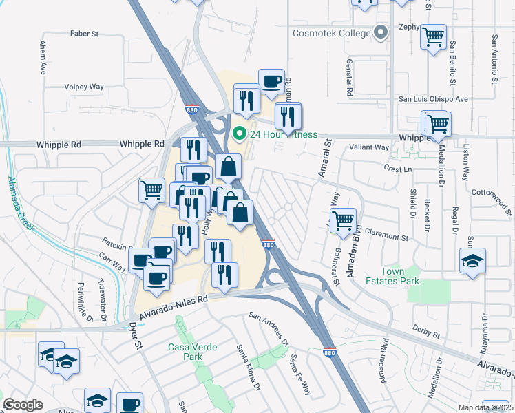 map of restaurants, bars, coffee shops, grocery stores, and more near 2572 Parkside Drive in Union City
