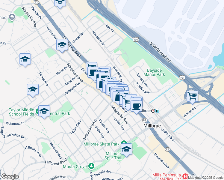 map of restaurants, bars, coffee shops, grocery stores, and more near 475 El Camino Real in Millbrae
