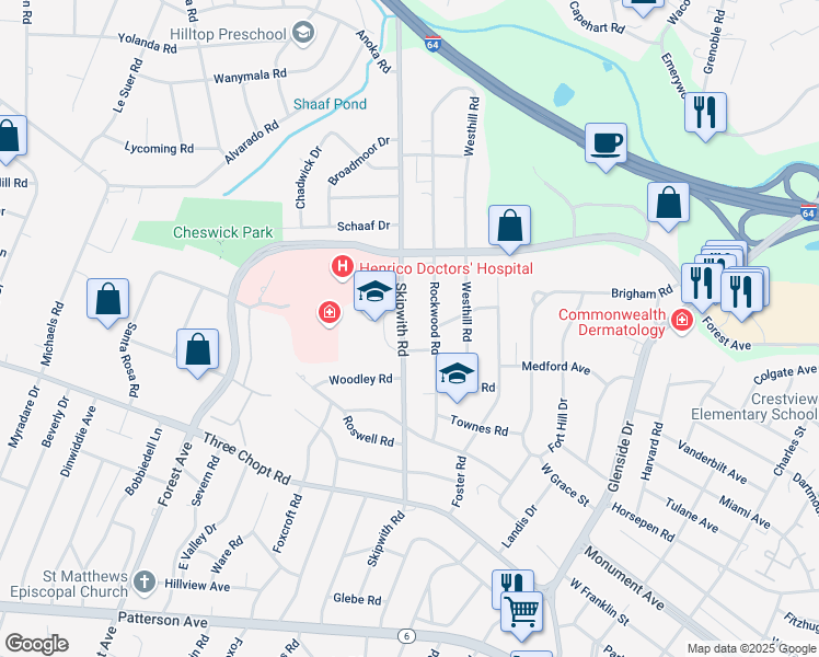 map of restaurants, bars, coffee shops, grocery stores, and more near 1607 Skipwith Road in Henrico