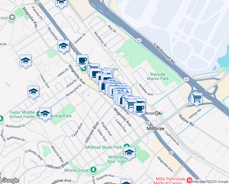 map of restaurants, bars, coffee shops, grocery stores, and more near 475 El Camino Real in Millbrae