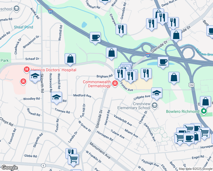 map of restaurants, bars, coffee shops, grocery stores, and more near 1608 Glenside Drive in Richmond