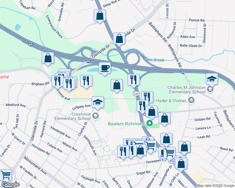map of restaurants, bars, coffee shops, grocery stores, and more near 6601 West Broad Street in Richmond