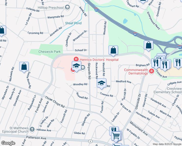 map of restaurants, bars, coffee shops, grocery stores, and more near 1607 Skipwith Road in Henrico