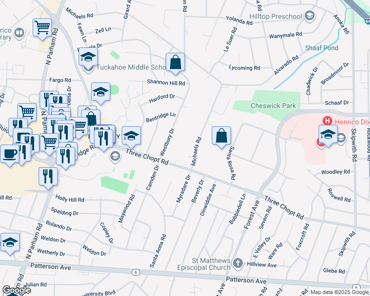 map of restaurants, bars, coffee shops, grocery stores, and more near 1508 Michaels Road in Richmond