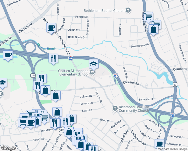 map of restaurants, bars, coffee shops, grocery stores, and more near 5578 Bethlehem Road in Richmond