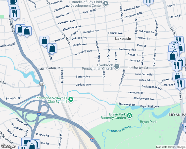 map of restaurants, bars, coffee shops, grocery stores, and more near 2814 Battery Avenue in Henrico