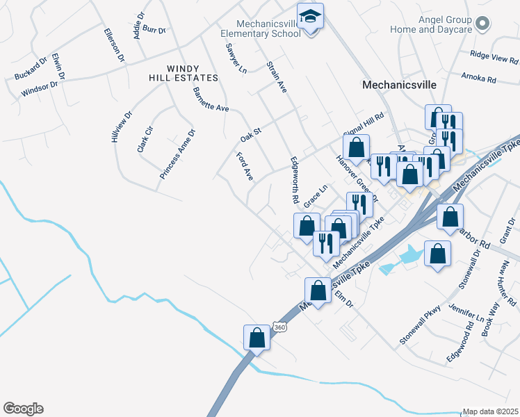 map of restaurants, bars, coffee shops, grocery stores, and more near 8183 Elm Drive in Mechanicsville
