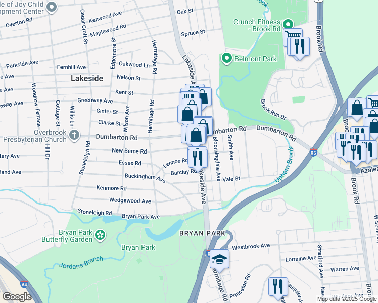 map of restaurants, bars, coffee shops, grocery stores, and more near 2107 New Berne Road in Richmond