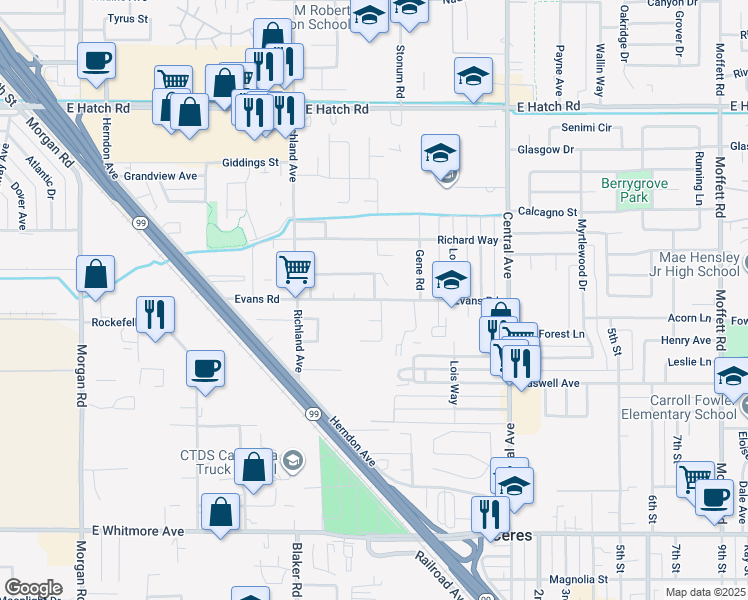 map of restaurants, bars, coffee shops, grocery stores, and more near 1817 Evans Road in Ceres