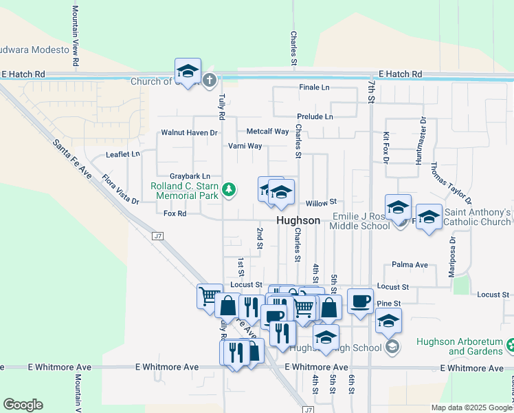 map of restaurants, bars, coffee shops, grocery stores, and more near 1930 Everett Court in Hughson