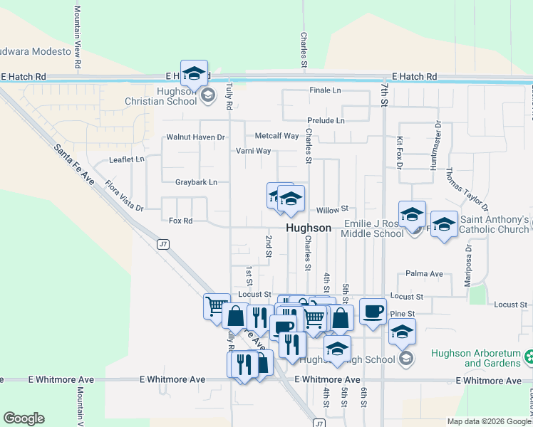 map of restaurants, bars, coffee shops, grocery stores, and more near 6754 Fox Road in Hughson