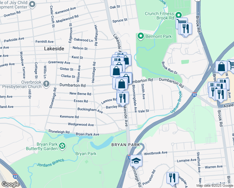 map of restaurants, bars, coffee shops, grocery stores, and more near 2107 New Berne Road in Richmond
