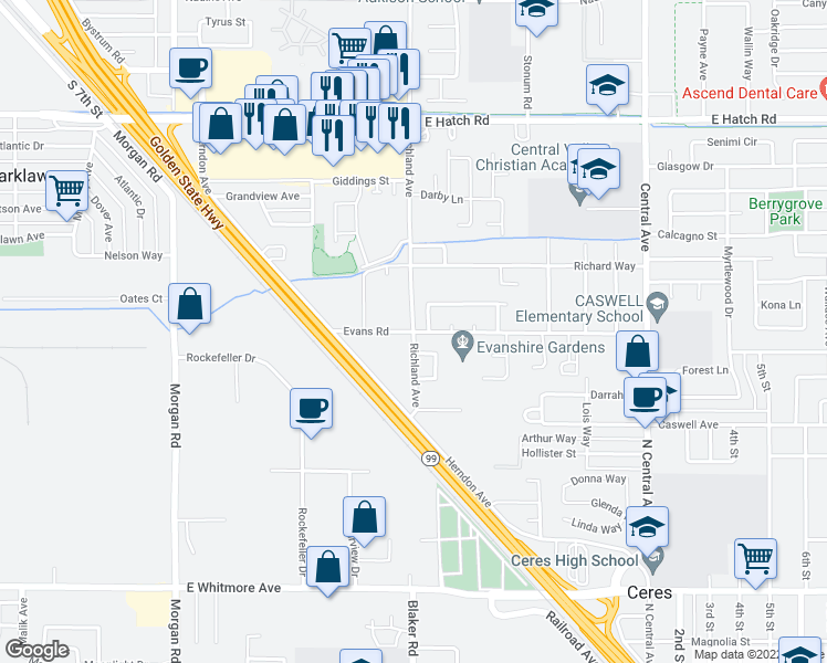 map of restaurants, bars, coffee shops, grocery stores, and more near Richland Avenue & Evans Road in Ceres