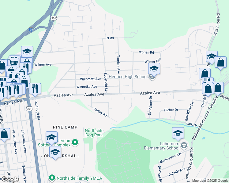 map of restaurants, bars, coffee shops, grocery stores, and more near 406 Azalea Avenue in Richmond