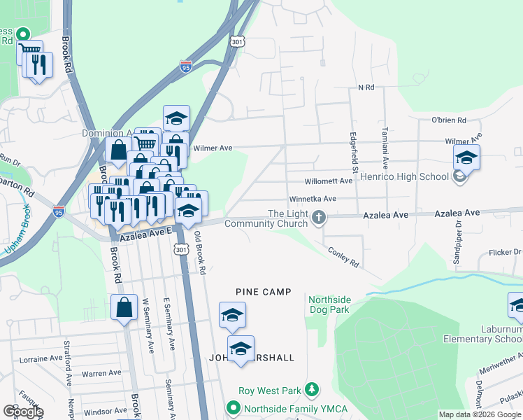map of restaurants, bars, coffee shops, grocery stores, and more near 825 Azalea Avenue in Richmond