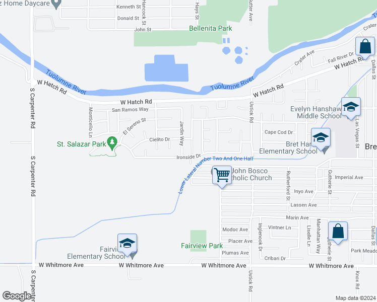 map of restaurants, bars, coffee shops, grocery stores, and more near 1821 Estrellita Court in Modesto