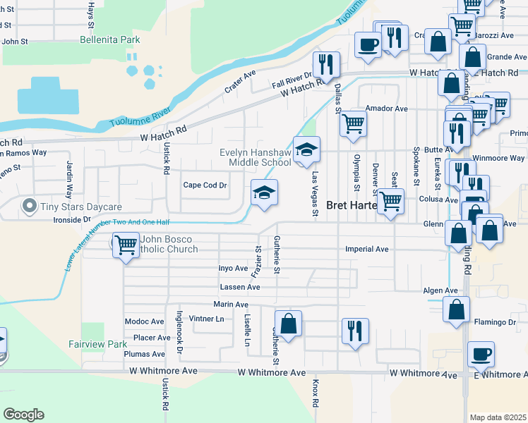 map of restaurants, bars, coffee shops, grocery stores, and more near 909 Glenn Avenue in Modesto