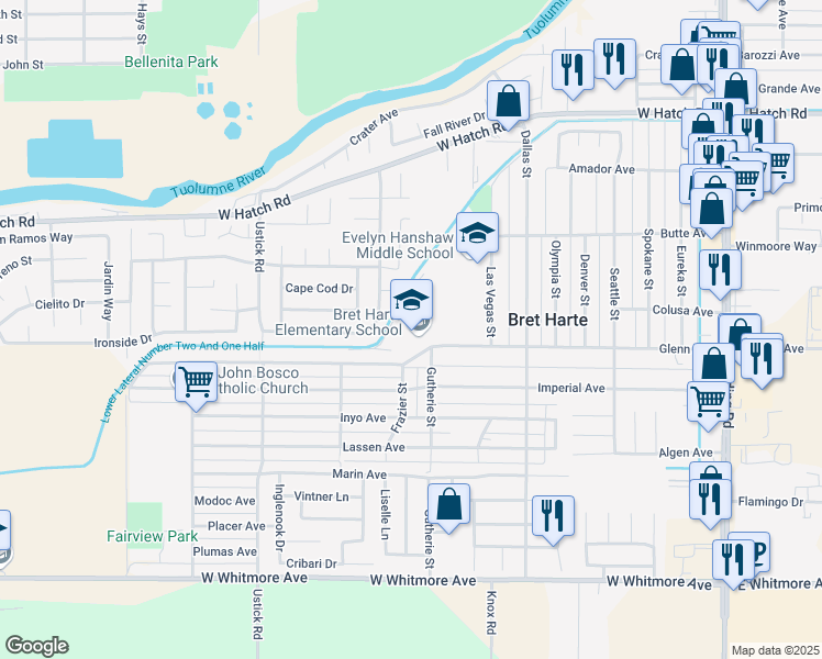 map of restaurants, bars, coffee shops, grocery stores, and more near 909 Glenn Avenue in Modesto