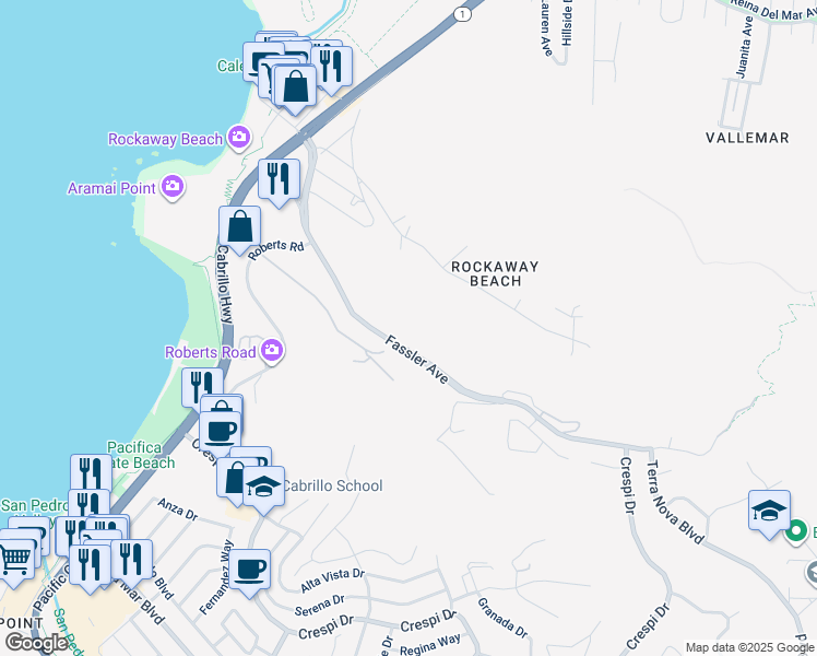 map of restaurants, bars, coffee shops, grocery stores, and more near 815 Fassler Avenue in Pacifica