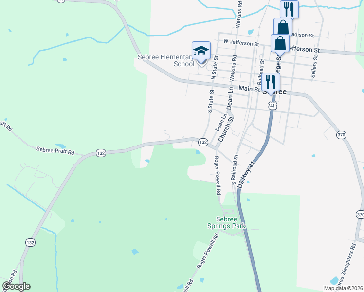 map of restaurants, bars, coffee shops, grocery stores, and more near 119-145 Highway 132 in Sebree