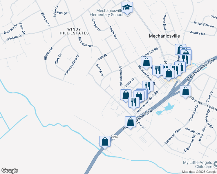 map of restaurants, bars, coffee shops, grocery stores, and more near 7240 Elm Tree Terrace in Mechanicsville